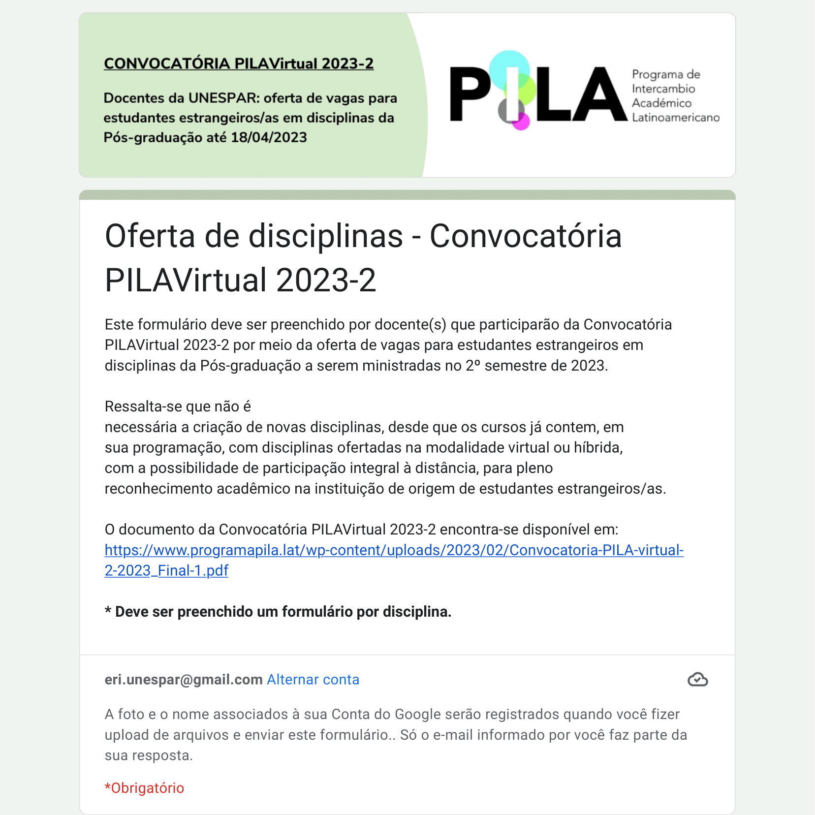 Print Formulário docentes - PILAVirtual 2023-2