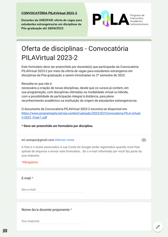 Print Formulário docentes - PILAVirtual 2023-2